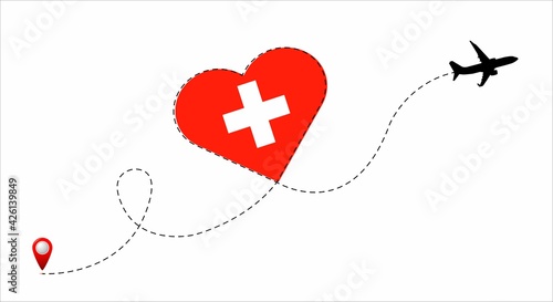 Airplane flight route with the Switzerland flag inside the heart. Travel to your beloved country. Vector illustration.