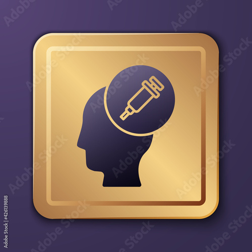 Purple Addiction to the drug icon isolated on purple background. Heroin, narcotic, addiction, illegal. Sick junkie with a syringe and medical pills. Gold square button. Vector