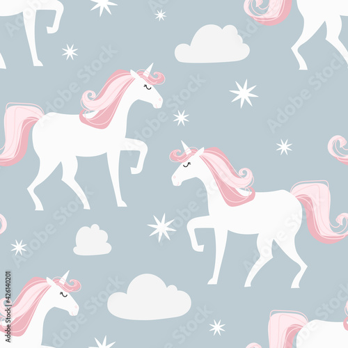 Seamless pattern with unicorns in the Doodle style. Rainbows and stars on a white background. Bright vector illustration for children s clothing  Wallpaper  notebooks or gift wrapping.