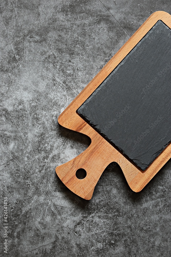 Cooking background with cutting board. Flat layot. Copy space