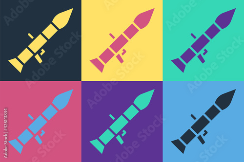 Pop art Rocket launcher with missile icon isolated on color background. Vector