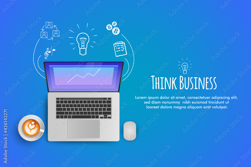 Think business start up. background with blue light with vector illustration laptop, mouse and coffee Think business start up. background with blue light with vector illustration laptop, mouse and coffee