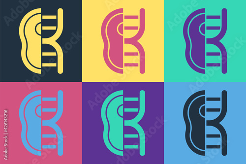 Pop art Genetically modified meat icon isolated on color background. Syringe being injected to meat. Vector