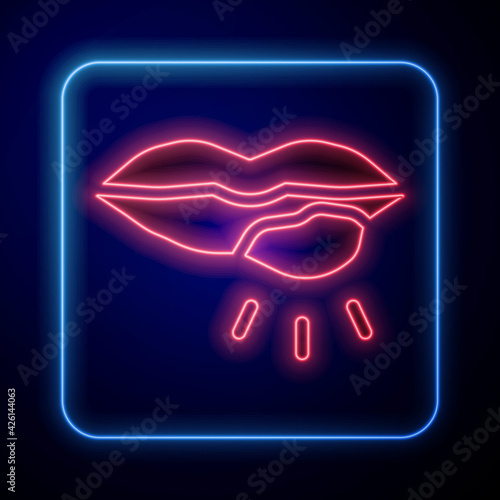 Glowing neon Herpes lip icon isolated on blue background. Herpes simplex virus. Labial infection inflammation symbol. Vector