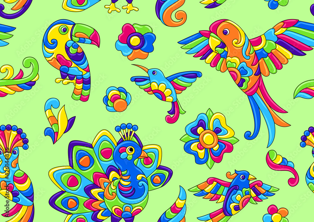 Fototapeta premium Seamless pattern with tropical birds. Mexican ceramic cute naive art.