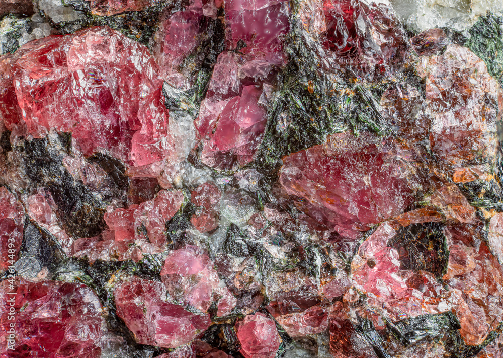 Mineral eudialyte. The structure of the rock on the fracture close-up. Mineral eudialyte. The structure of the rock on the fracture close-up.