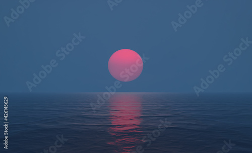 The sunset by the sea is very big.