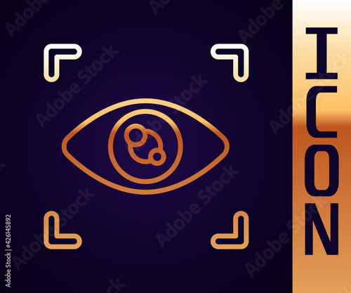 Gold line Eye scan icon isolated on black background. Scanning eye. Security check symbol. Cyber eye sign. Vector