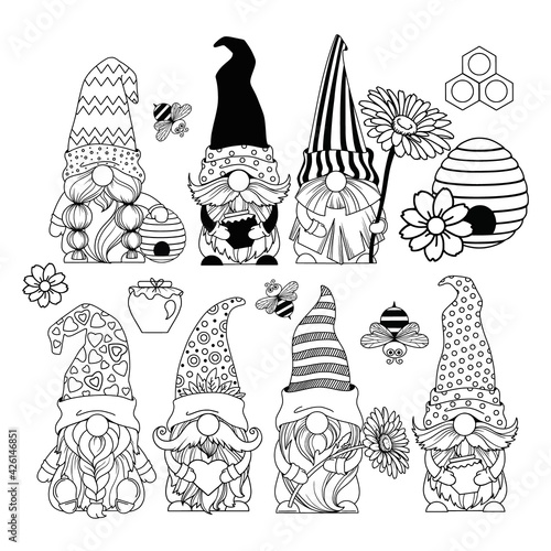 Set gnomes with honey and bees, hello spring summer, honey jar, gnomes with a daisy, gnome bee, hive cartoon characters dwarves vector linear art for printing greeting cards and coloring books