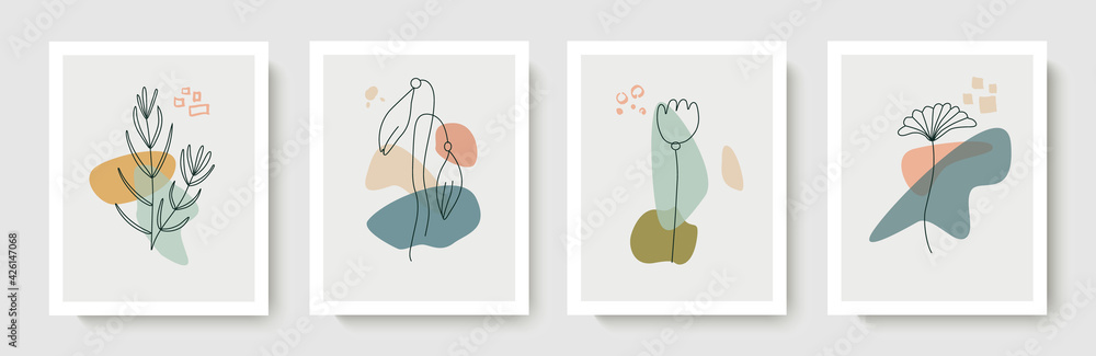 Set of botanical vector wall art.Foliage, flowers drawn in an abstract form.Plant design for covers, wallpapers, prints, minimalistic and natural wall riunks.Vector illustration