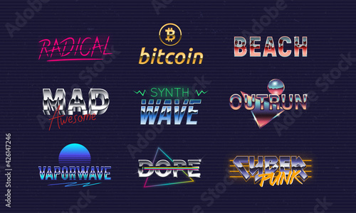 Vector Retro neon logo set. Synthwave, Outrun, Vaporwave, Cyberpunk, Bitcoin. 9 trendy logo templates. 1980's emblems with neon and chromium effect. Print for t-shirt, tee. Hipster logo design. 