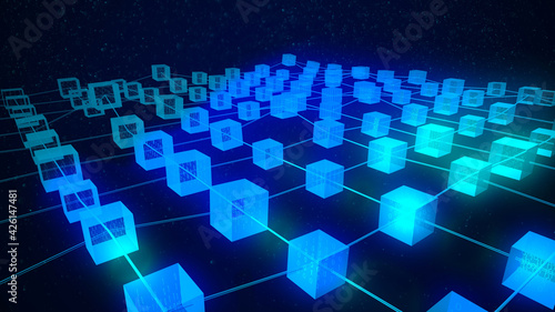 4K Block chain concept zoom out - Chain of users connected of network connections. decentralized network. interconnected people. cryptocurrency blockchain on a dark background. defi file sharing.