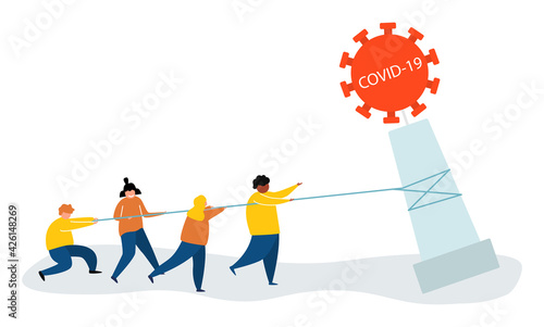 Vector illustration covid-19 coronavirus. cure coronavirus. people Fight, Defeat, Protect virus concept. corona viruses vaccine concept.
