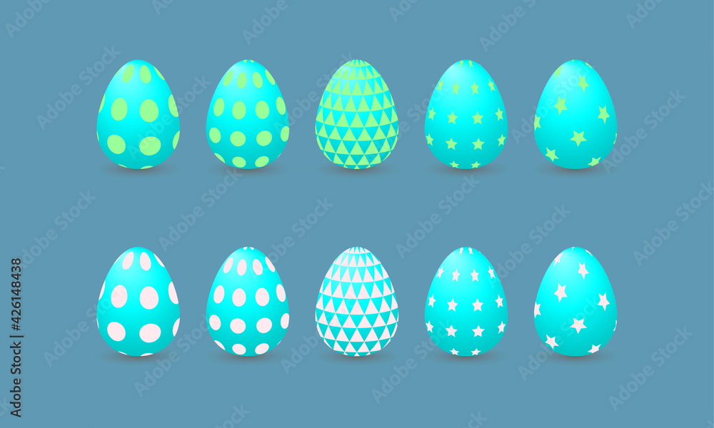 Happy Easter. Set of festive easter eggs on a blue background. Vector illustration