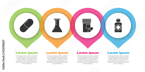Set Medicine pill or tablet, Test tube and flask, Medicine bottle and pills and Bottle of medicine syrup. Business infographic template. Vector