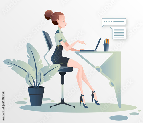 Młoda dziewczyna pracuje nad projektem przy komputerze. Kobieta w biznesie. Praca w biurze prezentacja wyników. Wektorowa ilustracja.