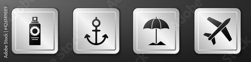 Set Sunscreen spray bottle, Anchor, Sun protective umbrella for beach and Plane icon. Silver square button. Vector