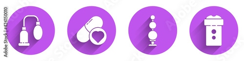Set Penis pump, Pills for potency, aphrodisiac, Anal beads and Vagina masturbator icon with long shadow. Vector