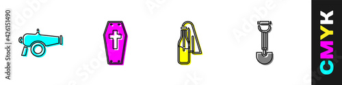 Set Cannon, Coffin with cross, Cocktail molotov and Sapper shovel icon. Vector