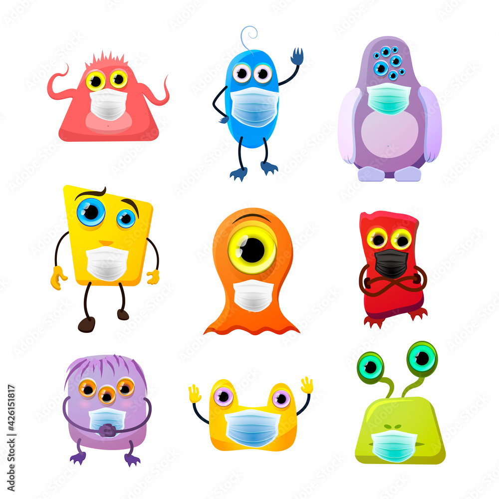 Set of cute monsters, childish cartoon characters wear masks to protect from COVID on white