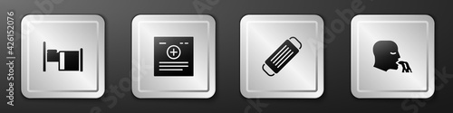 Set Hospital bed, Clinical record, Medical protective mask and Vomiting man icon. Silver square button. Vector