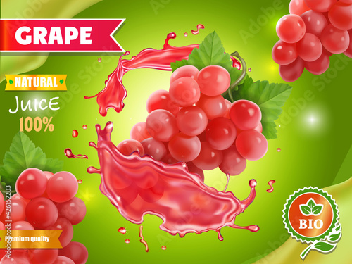 Red grape juice advertising on green background. Fruit juice splash pink grape poster. 3d realistic Vector illustration