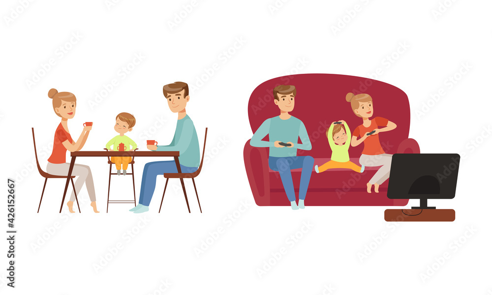 Parents and Kids Having Lunch and Watching TV Together Set Cartoon Vector Illustration Parents and Kids Having Lunch and Watching TV Together Set Cartoon Vector Illustration