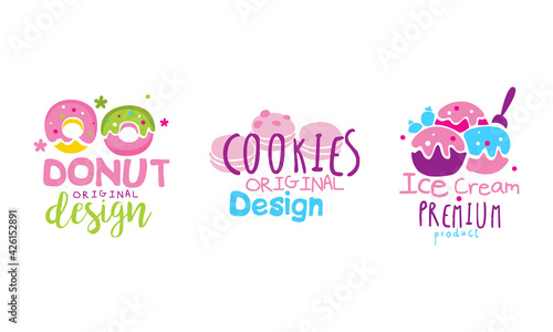 Sweets Logo Original Design Templates Set, Donut, Cookies, Ice Cream Desserts Hand Drawn Badges Vector Illustration