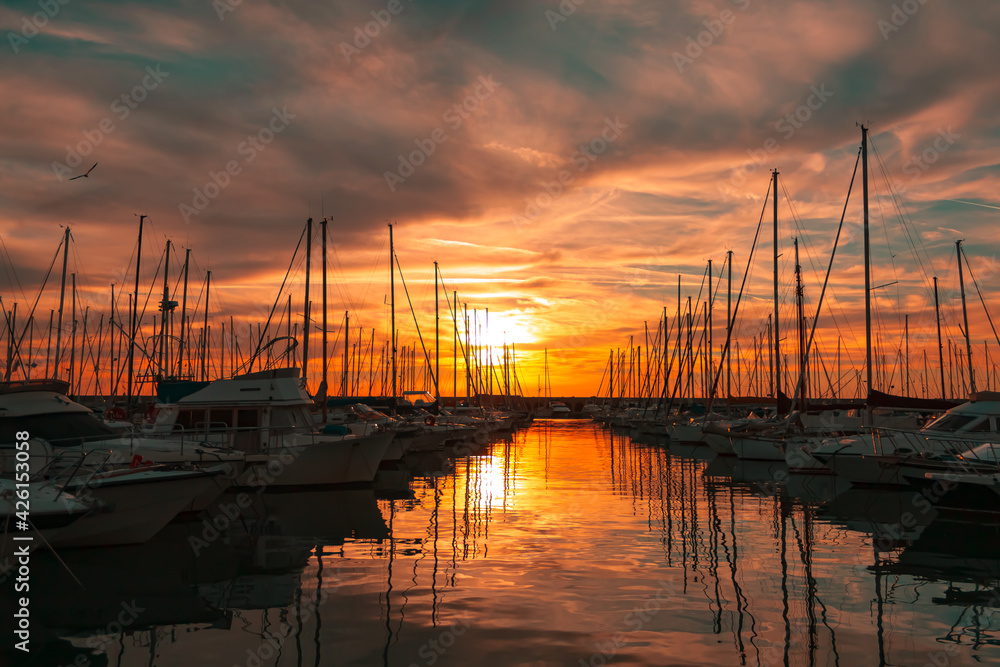 Sailboat marina at sunset
