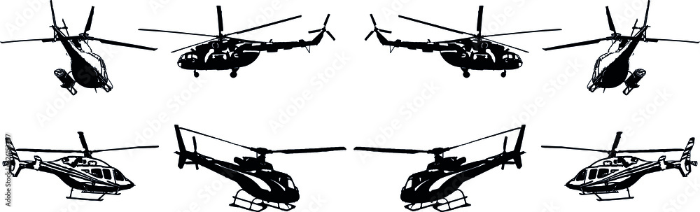 Obraz premium A set of vector black-and-white images of various helicopter models. Civilian and military helicopters