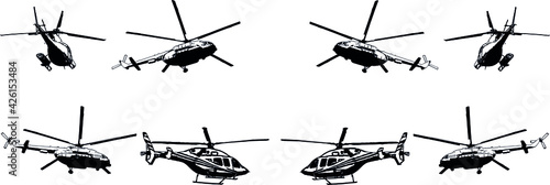 A set of vector black-and-white images of various helicopter models. Civilian and military helicopters