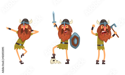 Viking Character Set, Medieval Cartoon Character Fighting with Sword and Shield Vector Illustration