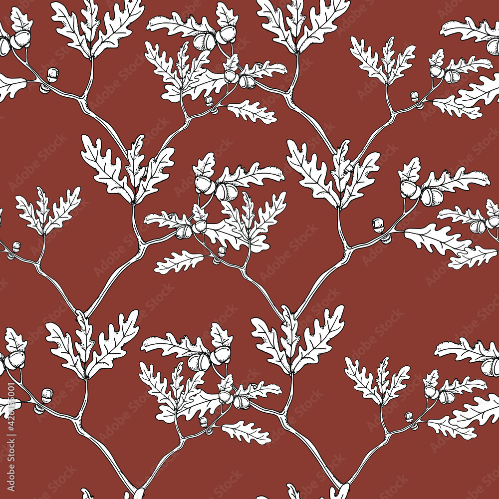 vector illustration seamless pattern oak branches with leaves and fruits of white color on a burgundy background