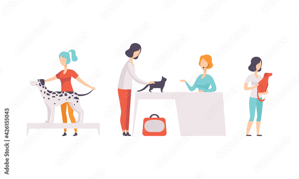 Pet Show Set, Female Owners with Purebred Dogs and Cats Taking Part in Competition Vector Illustration Pet Show Set, Female Owners with Purebred Dogs and Cats Taking Part in Competition Vector Illustration