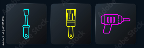 Set line Screwdriver, Electric drill machine and Paint brush. Black square button. Vector