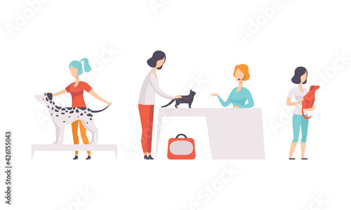Pet Show Set, Female Owners with Purebred Dogs and Cats Taking Part in Competition Vector Illustration