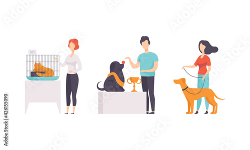 Pet Show Exhibition Set, Owners with Purebred Dogs and Cats Taking Part in Competition Vector Illustration