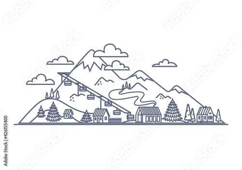 Mountain resort line icon - mountain landscape with village buildings simple linear illustration on white background. Vector illustration.