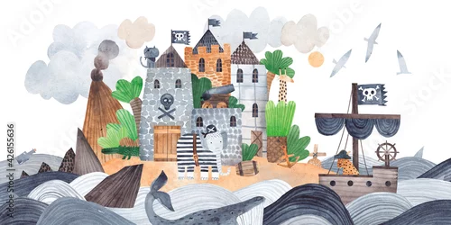 Obraz Twierdza piracka na tropikalnej wyspie. Wyspa Skarbów. Statek piracki, wyspa i twierdza.