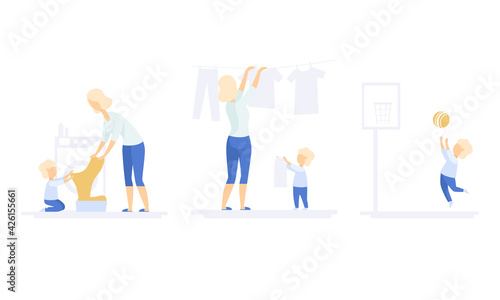 Family Lifestyle Set, Mom and Son Doing Laundry, Hanging Wet Clothes out to Dry. Boy Playing with Ball on Backyard Vector Illustration