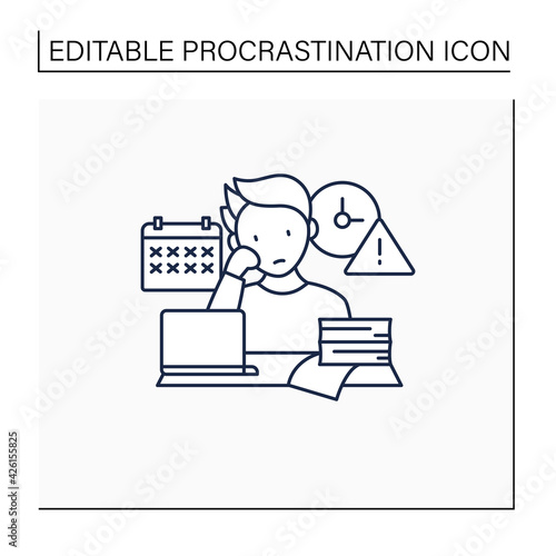 Delaying deadlines line icon.Schedule gets out. Task execution delay.Postpone unpleasant tasks for later. Procrastination concept. Isolated vector illustration.Editable stroke