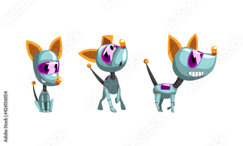 Cute Dog Robots Set, Funny Electronic Pet Animals Cartoon Vector Illustration