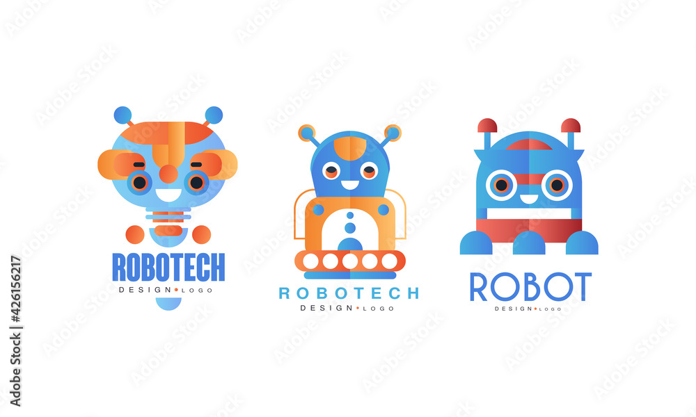 Robotech Logo Design Set, Cute Friendly Robot for Company Identity, Computer Related Service Badges Flat Vector Illustration Robotech Logo Design Set, Cute Friendly Robot for Company Identity, Computer Related Service Badges Flat Vector Illustration