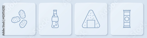 Set line Chicken nuggets, Onigiri, Bottle of water and Chocolate bar. White square button. Vector