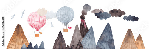Fototapeta Górski krajobraz z wulkanem i balonami. Przygoda w górach. Lot balonem nad skałami.