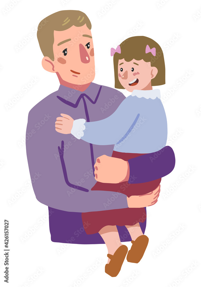 Father and child. Man holds daughter in his arms. Hand drawn vector illustration for Father's day. Colorful cartoon clipart isolated on white. Simple element for design, print, decor, card, sticker. Father and child. Man holds daughter in his arms. Hand drawn vector illustration for Father's day. Colorful cartoon clipart isolated on white. Simple element for design, print, decor, card, sticker.