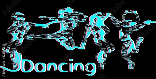 Dancing girls on a black background. Aberration effect. Illustration on the theme of Modern Dances, Dance School, Music.