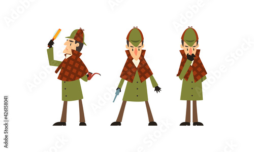 Sherlock Holmes Character Investigating Crime, Detective Man in Vintage Clothes Vector Illustration