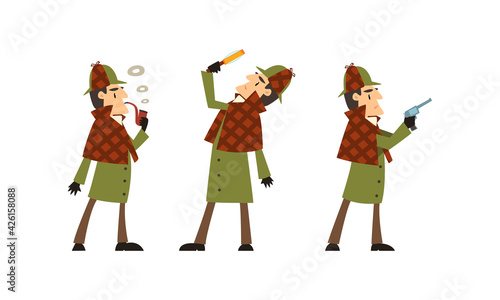 Sherlock Holmes Character Investigating Crime, Detective Man in Vintage Clothes Smoking Pipe, Looking through Magnifying Glass Vector Illustration