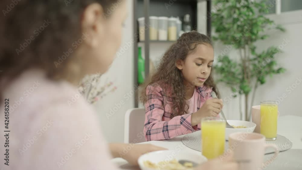 Mother daughter talking during breakfast, family traditions, trustful relations Mother daughter talking during breakfast, family traditions, trustful relations